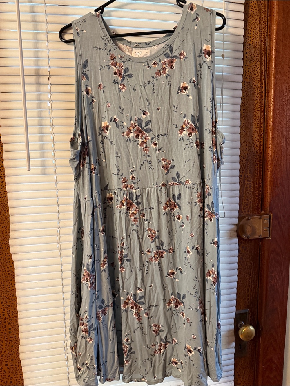 47 Dusty Blue Floral Midi Dress with Plum & Cream Accents